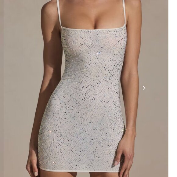 Oh Polly Aellin Embellished Bodycon Mini Dress White Sparkle Size 2 - Picture 5 of 12